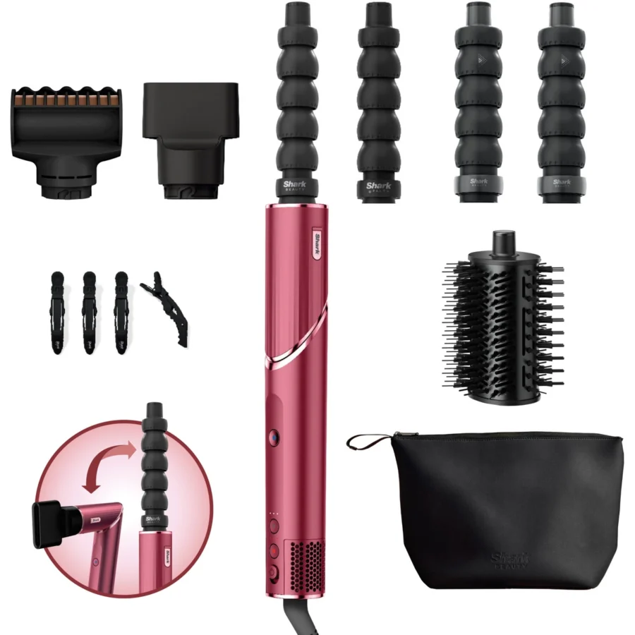 Le coffret Shark FlexStyle Cerise Noire : l’appareil, 4 boucleurs, l’embout anti-frisottis, la brosse ovale, le concentrateur, 4 pinces et la pochette